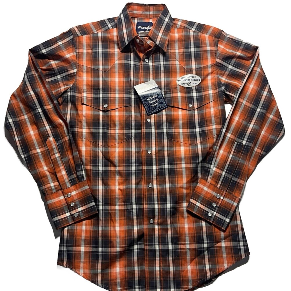 Wrangler Wrinkle Resist Pearl Snap Orange Plaid Cowboy Western Shirt Mens S NWT
